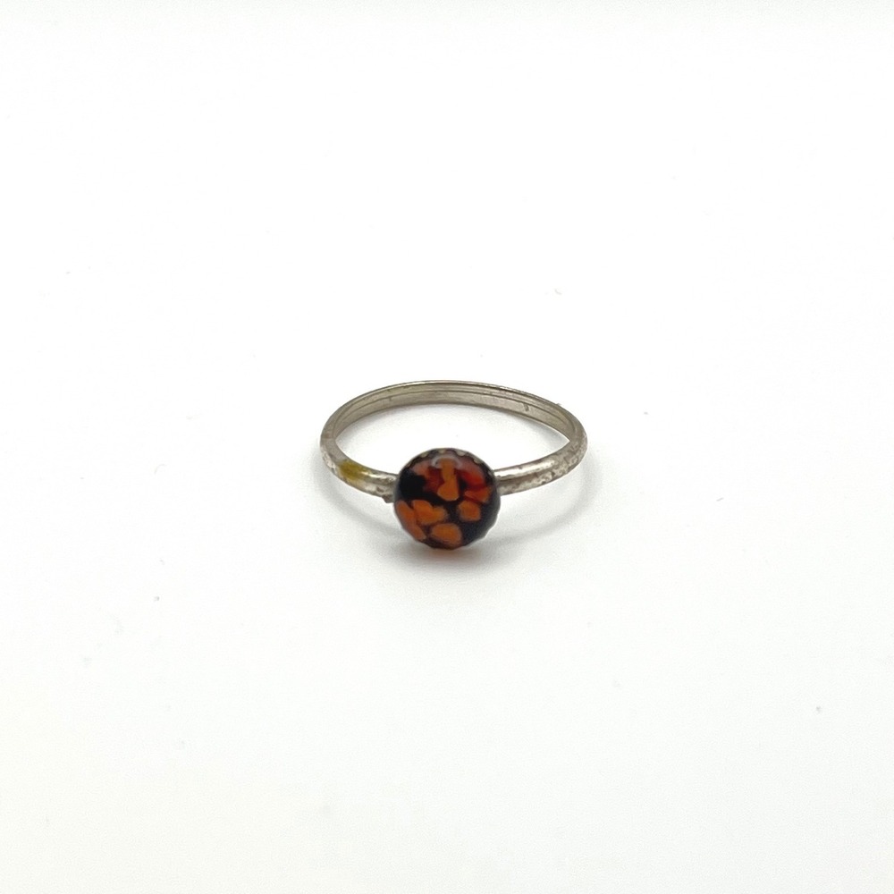 Vintage Style Tortoise Shell Cabochon Ring Silver Tone Band Size 4.5 Small‎